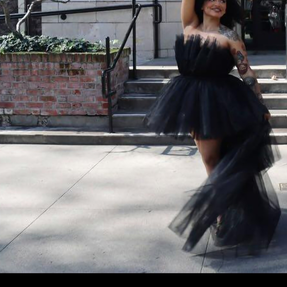 Black tulle dress with train